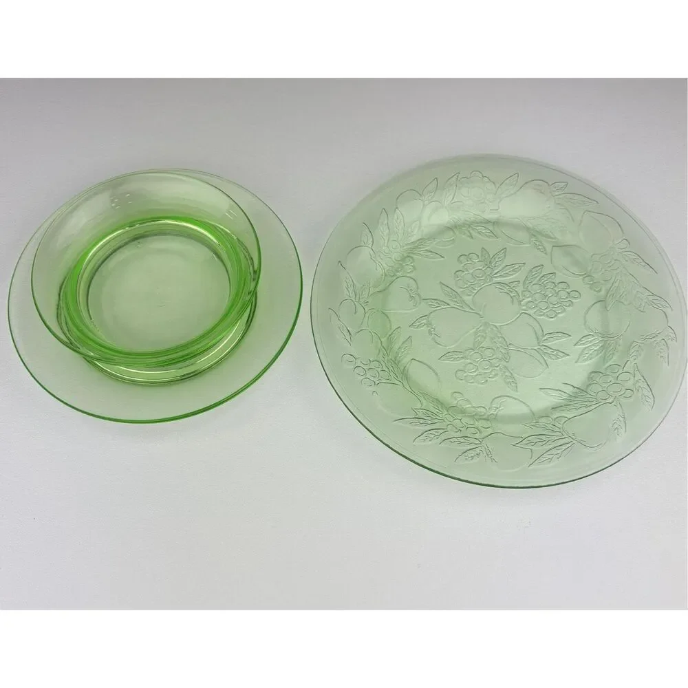 Vintage Vaseline Uranium Glass Plate & Bowl Combo Set Depression Glass MCM